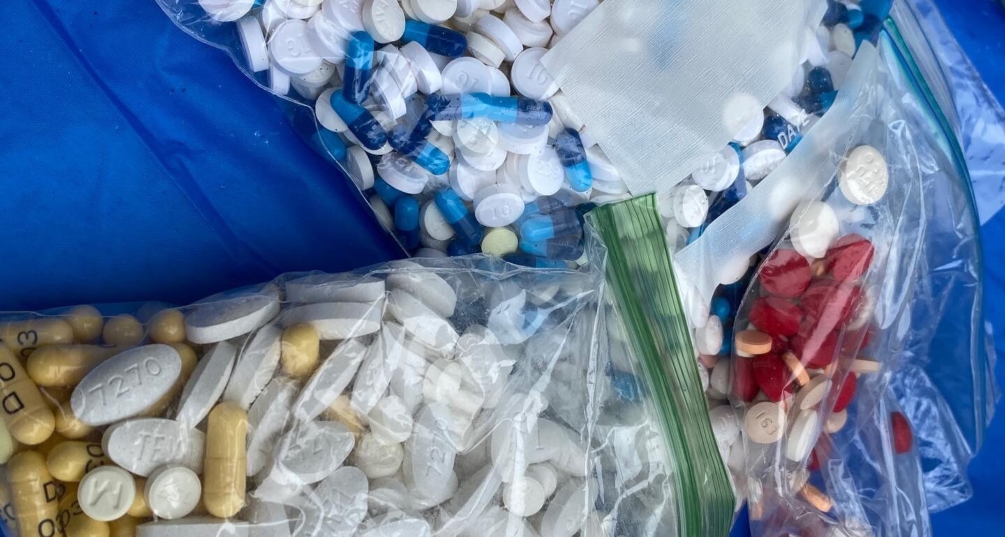 bags of prescription pills collected at the drug take back ready for proper disposal