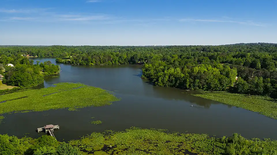 overhead drone photo of lake cunningham and surrounding greenery